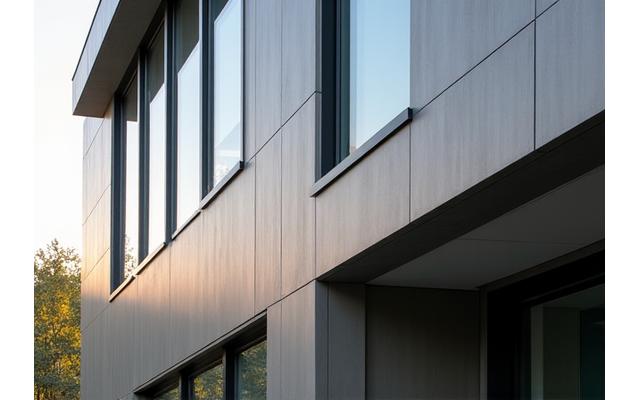 Moderne bygning med en unik arkitektonisk finish, der reflekterer lys