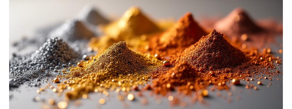 Nærbillede af skinnende pigmentpulver i forskellige metalliske farver