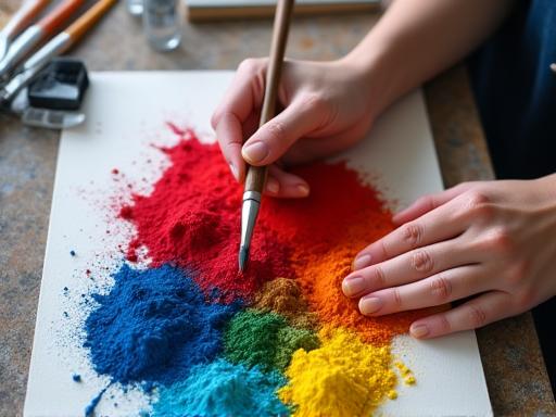 Kunstner arbejder med et spektrum af farverige pigmentpulvere